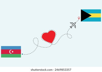Flight and travel concept from Azerbaijan to Bahamas airplane travel Heart concept flags design