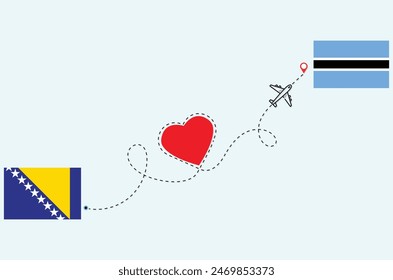 Flight and travel concept from Bosnia to Botswana airplane travel Heart concept flags design