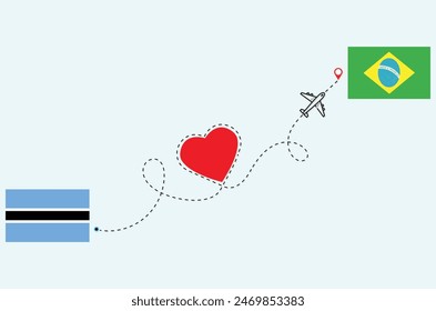 Flight and travel concept from Botswana to Brazil airplane travel Heart concept flags design