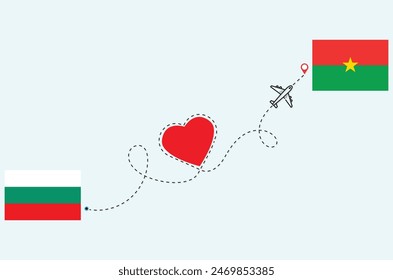 Flight and travel concept from Bulgaria to Burkina airplane travel Heart concept flags design