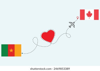 Flight and travel concept from Cameroon to Canada airplane travel Heart concept flags design