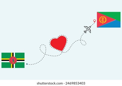 Flight and travel concept from Dominica to Eritrea airplane travel Heart concept flags design