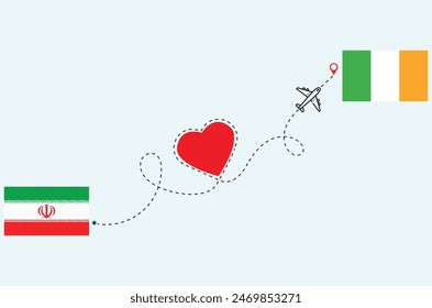 Flight and travel concept from Iran to Ireland airplane travel Heart concept flags design