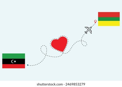 Flight and travel concept from Libiya to Lithuania airplane travel Heart concept flags design