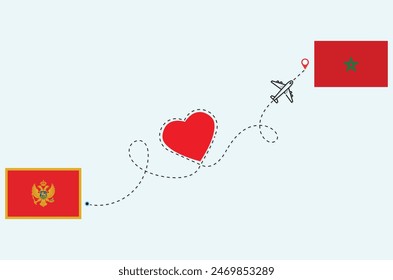 Flight and travel concept from Montenegre to Morroco airplane travel Heart concept flags design