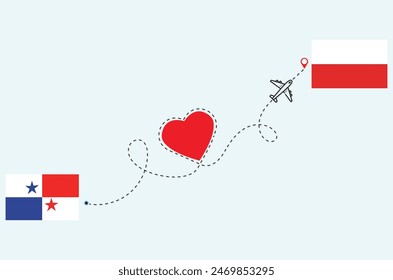 Flight and travel concept from Panama to Poland airplane travel Heart concept flags design