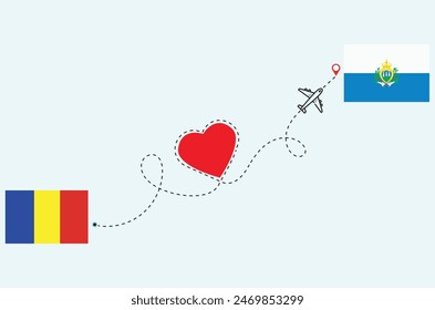 Flight and travel concept from Romania to San Marino airplane travel Heart concept flags design