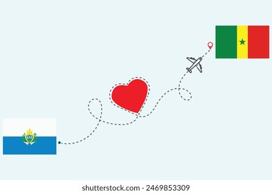 Flight and travel concept from San Marino to Senegal airplane travel Heart concept flags design