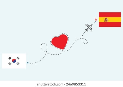 Flight and travel concept from South Korea to Spain airplane travel Heart concept flags design