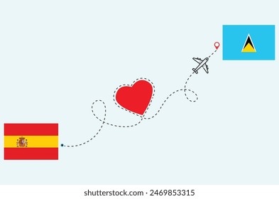 Flight and travel concept from Spain to St Lucia airplane travel Heart concept flags design