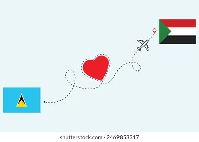 Flight and travel concept from St Lucia to Sudan airplane travel Heart concept flags design
