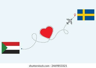 Flight and travel concept from Sudan to Sweden airplane travel Heart concept flags design