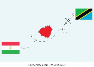 Flight and travel concept from Tajikistan to Tanzania airplane travel Heart concept flags design