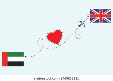 Flight and travel concept from UAE to UK airplane travel Heart concept flags design