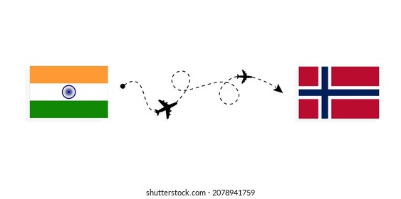 Flight and travel from India to Norway by passenger airplane Travel concept