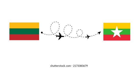 Flight and travel from Lithuania to Myanmar by passenger airplane Travel concept