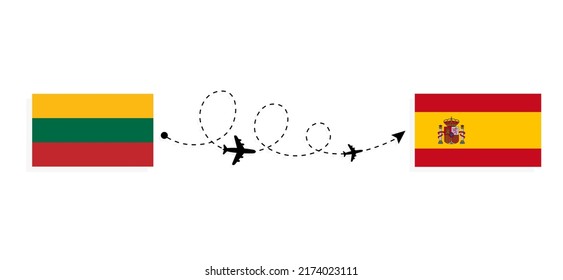 Flight and travel from Lithuania to Spain by passenger airplane Travel concept