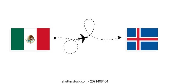 Flight and travel from Mexico to Iceland by passenger airplane Travel concept
