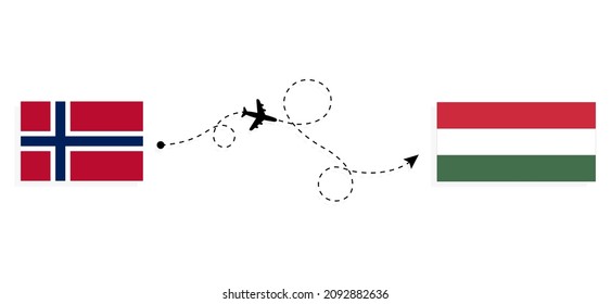 Flight and travel from Norway to Hungary by passenger airplane Travel concept