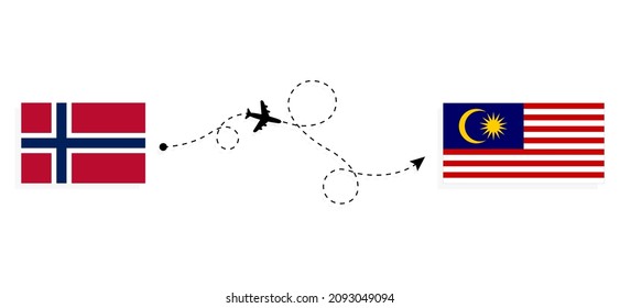 Flight and travel from Norway to Malaysia by passenger airplane Travel concept