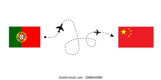 Flight and travel from Portugal to China by passenger airplane Travel concept