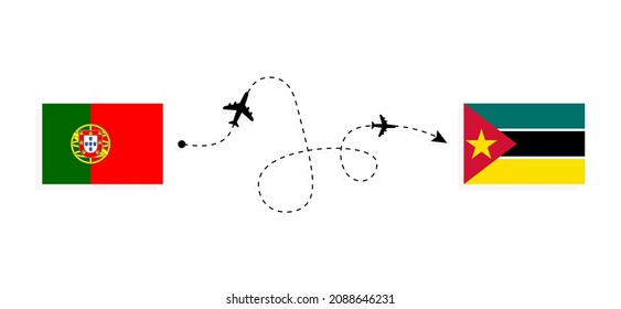 Flight and travel from Portugal to Mozambique by passenger airplane Travel concept
