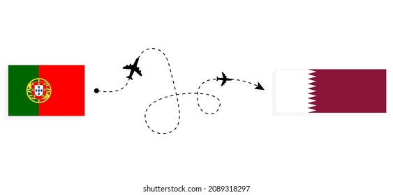 Flight and travel from Portugal to Qatar by passenger airplane Travel concept
