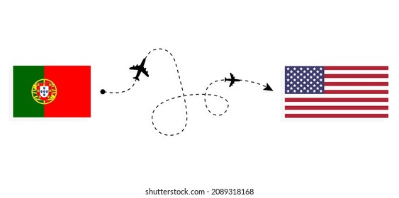 Flight and travel from Portugal to USA by passenger airplane Travel concept