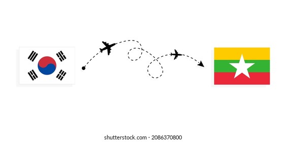 Flight and travel from South Korea to Myanmar by passenger airplane Travel concept