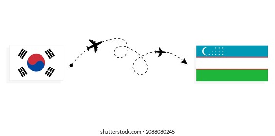 Flight and travel from South Korea to Uzbekistan by passenger airplane Travel concept