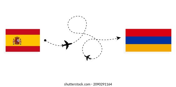 Flight and travel from Spain to Armenia by passenger airplane Travel concept