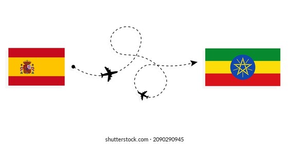 Flight and travel from Spain to Ethiopia by passenger airplane Travel concept