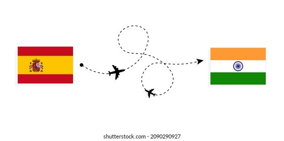 Flight and travel from Spain to India by passenger airplane Travel concept