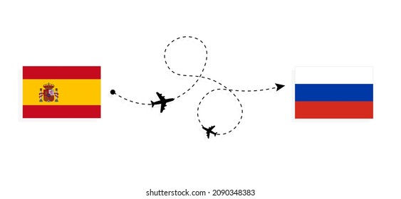 Flight and travel from Spain to Russia by passenger airplane Travel concept