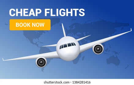 Flight travel trip banner for online booking. Vector Airplane cheap ticket online sale design promo template.