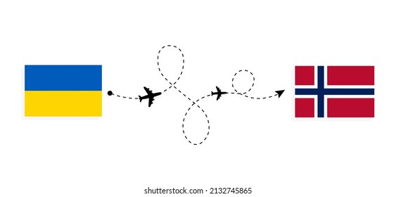 Flight and travel from Ukraine to Norway by passenger airplane Travel concept