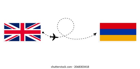 Flight and travel from United Kingdom of Great Britain to Armenia by passenger airplane Travel concept