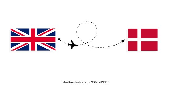 Flight and travel from United Kingdom of Great Britain to Denmark by passenger airplane Travel concept