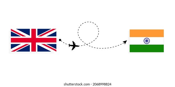 Flight and travel from United Kingdom of Great Britain to India by passenger airplane Travel concept