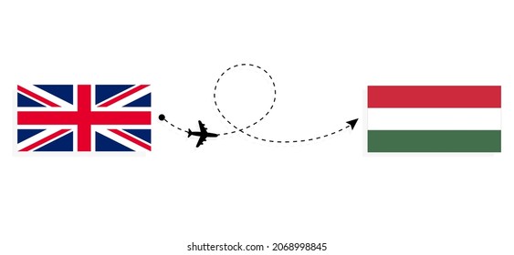 Flight and travel from United Kingdom of Great Britain to Hungary by passenger airplane Travel concept