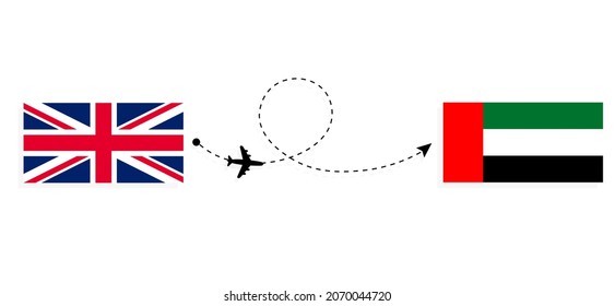 Flight and travel from United Kingdom of Great Britain to United Arab Emirates by passenger airplane Travel concept