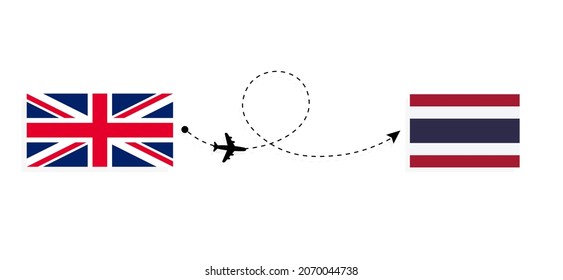 Vuelo y viaje desde el Reino Unido de Gran Bretaña e Irlanda del Norte a Tailandia por avión de pasajeros Concepto de viajes