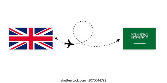 Flight and travel from United Kingdom of Great Britain to Saudi Arabia by passenger airplane Travel concept