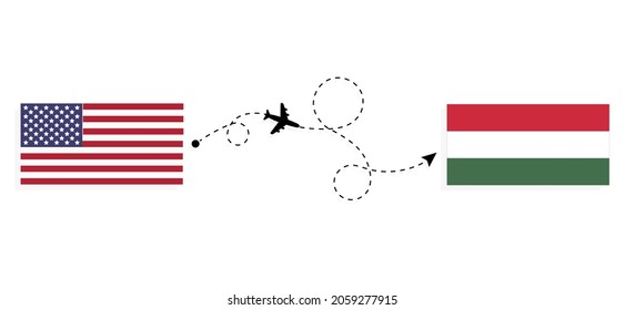Flight and travel from USA to Hungary by passenger airplane Travel concept