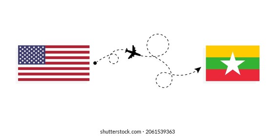 Flight and travel from USA to Myanmar by passenger airplane Travel concept