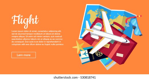 Flight travel web banner. Aircraft, suitcase with luggage, world map, air tickets, passport, diving mask, starfish flat vector illustrations. For travel agency, airline company landing page design  