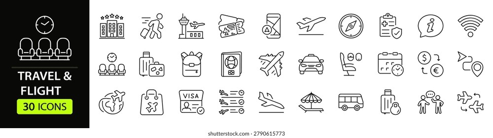 Flight and Travel Web Icon Set in Linear Style. Collection of Airport line icons, including aviation, travel, airplane, passport, airline service, plane, boarding pass, flight and more Editable stroke