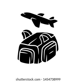 Flight, travelling bag glyph icon. Carry on duffel luggage, baggage pack. Handbag for travel, tourism. Bag with handles, pockets. Silhouette symbol. Negative space. Vector isolated illustration
