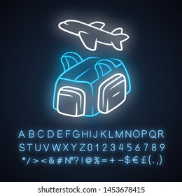 Flight, travelling bag neon light icon. Carry on duffel luggage, baggage pack. Handbag for travel, tourism. Glowing sign with alphabet, numbers and symbols. Vector isolated illustration