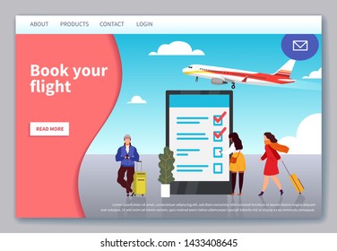Flight travelling landing. Mobile app web page for of booking and buying ticket on plane vacation vector website, flat travel equipment holiday reservation illustration